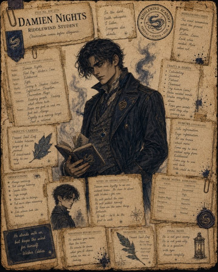 Illustrated dossier of Damien Nights, Riddlewind shadow-worker