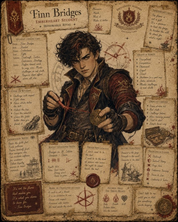 Illustrated dossier of Finn Bridges, Emberheart rival