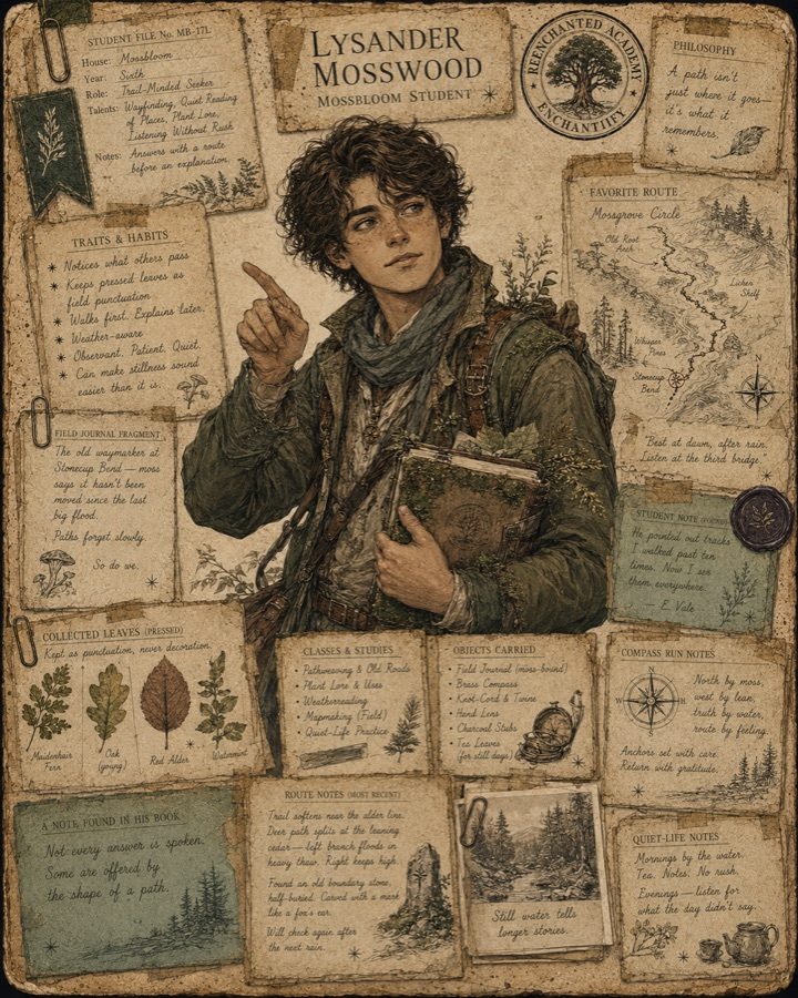 Illustrated dossier of Lysander Mosswood, Mossbloom naturalist