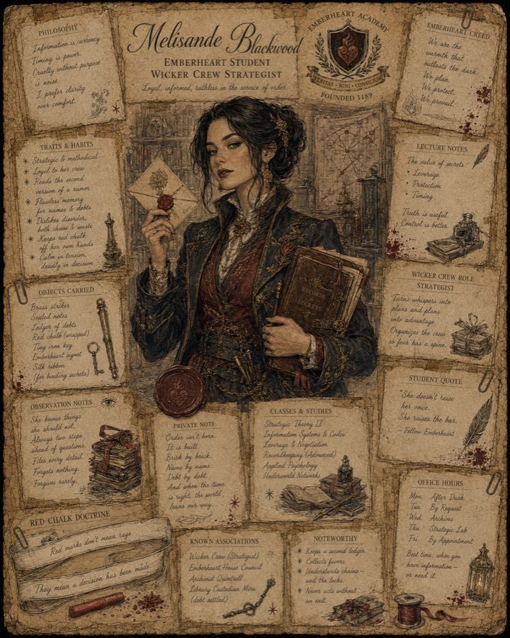 Illustrated dossier of Melisande Blackwood