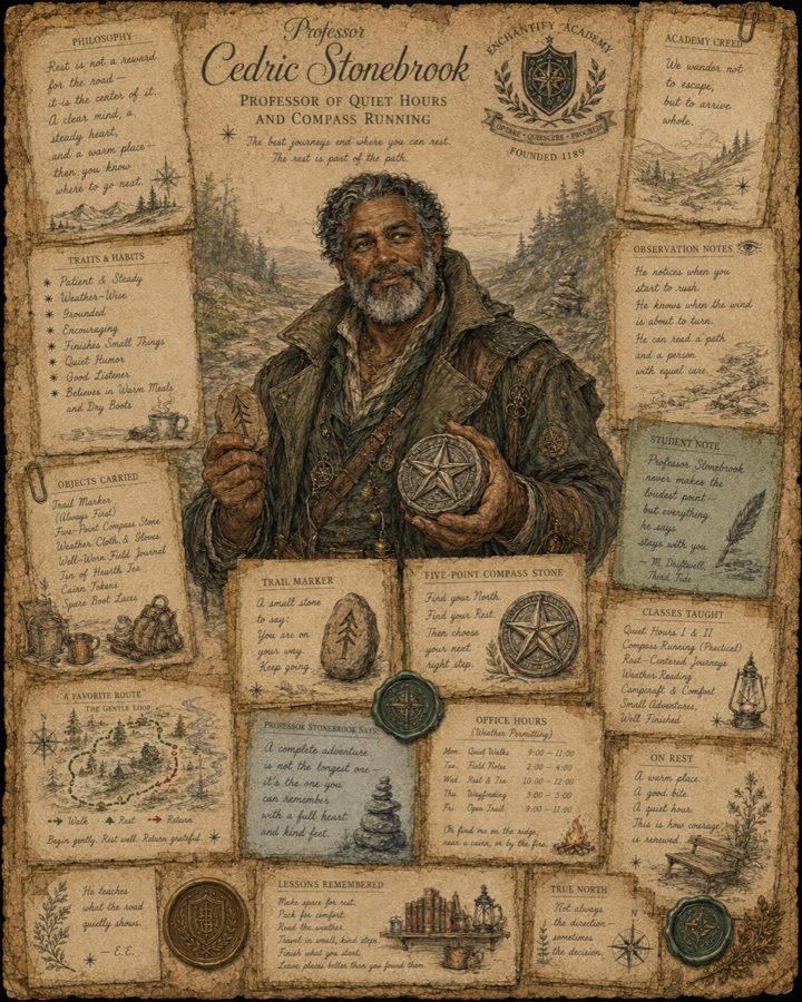 Illustrated dossier of Professor Cedric Stonebrook