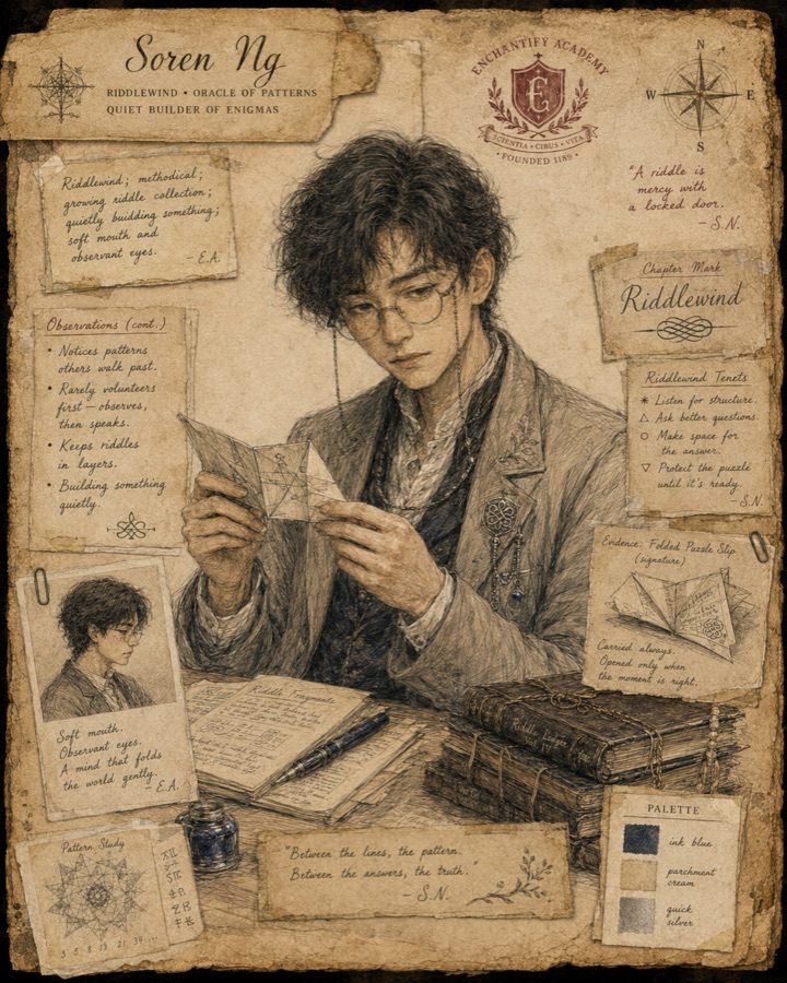 Illustrated dossier of Sören Ng, Riddlewind puzzle-keeper
