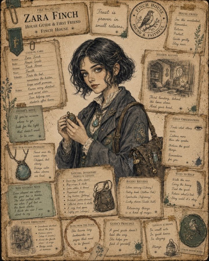 Illustrated dossier of Zara Finch
