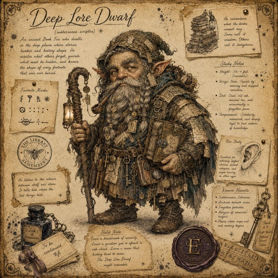 Illustrated dossier of the Deep Lore Dwarf Book Fae