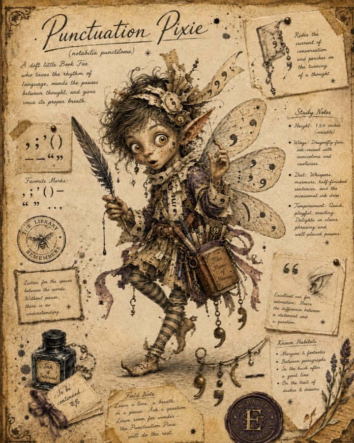 Illustrated dossier of the Punctuation Pixie Book Fae