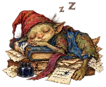 A goblin asleep beside his notes