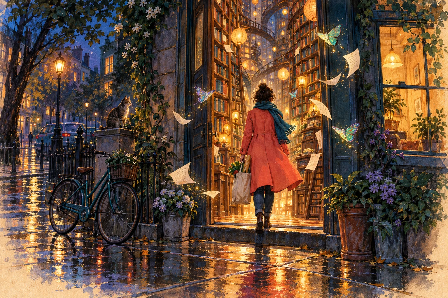 At dusk, a reader carrying groceries steps from a rain-wet street into the glowing, impossible library of the Outer Stacks