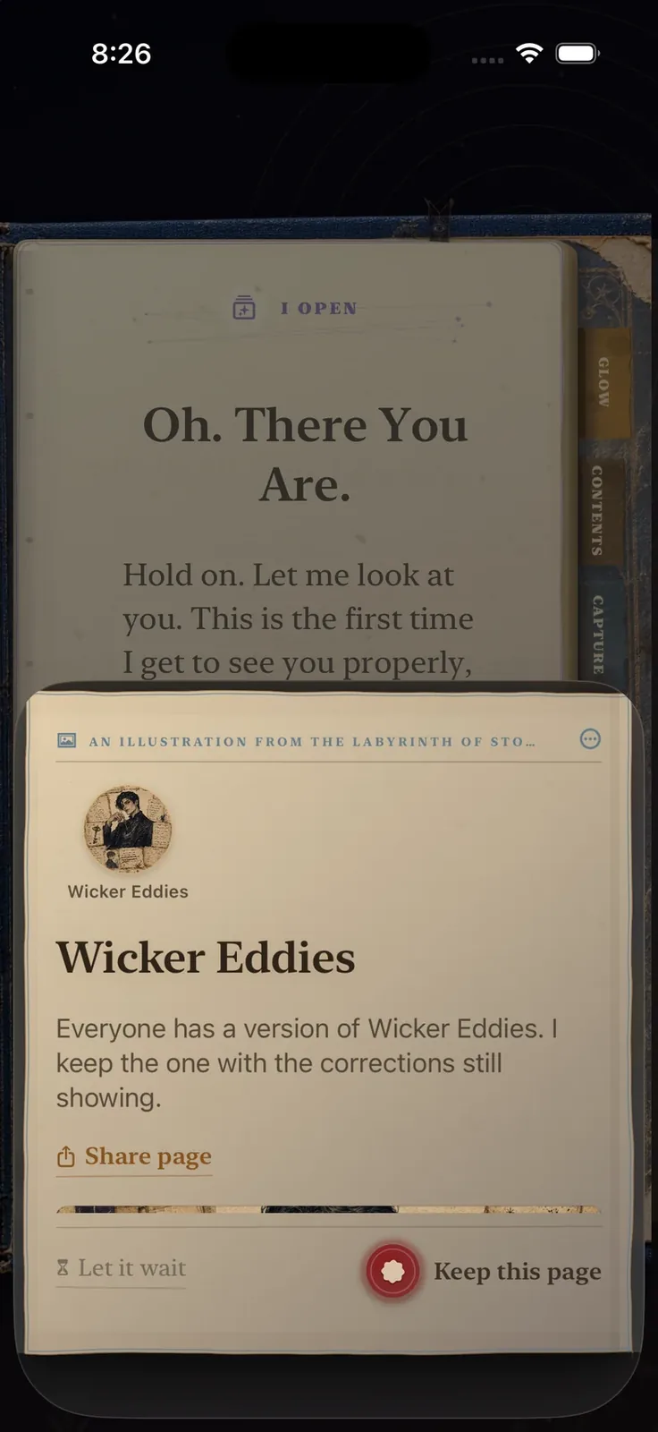 Wicker Eddies, opening on a Page in the current Book